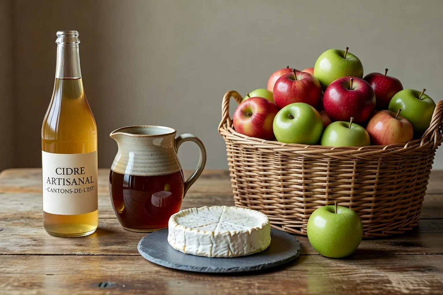 Produits du terroir des Cantons-de-l’Est : bouteille de cidre, sirop d’érable, fromage de chèvre, paniers de pommes