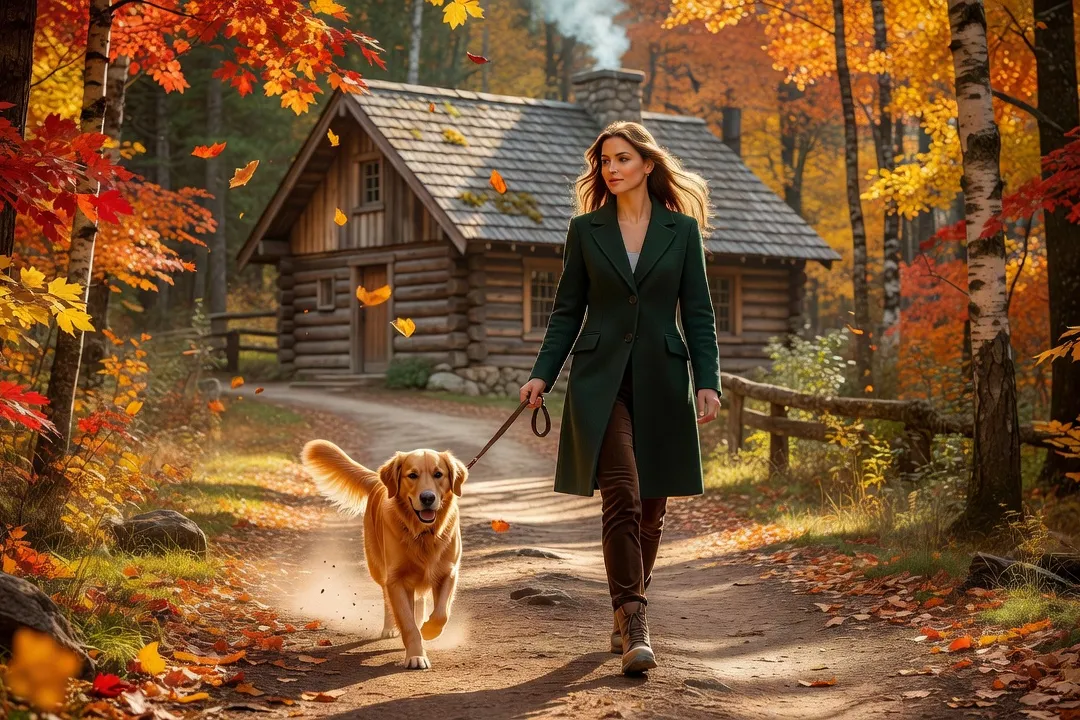 Femme élégante promenant son chien en laisse sur un sentier forestier près d'un chalet au Québec