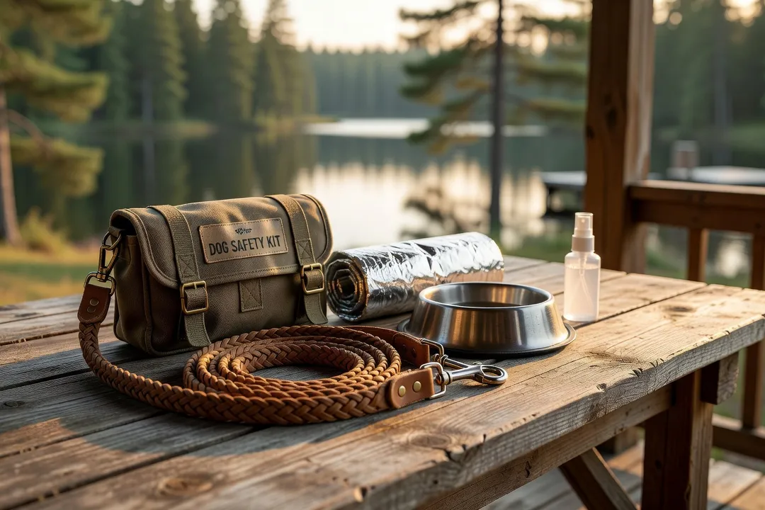 Trousse de sécurité pour chien et laisse posées sur une table de terrasse en bois d'un chalet
