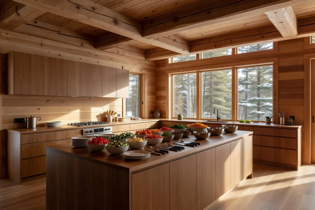 Cuisine spacieuse d’un chalet québécois aménagée pour recevoir un grand groupe familial