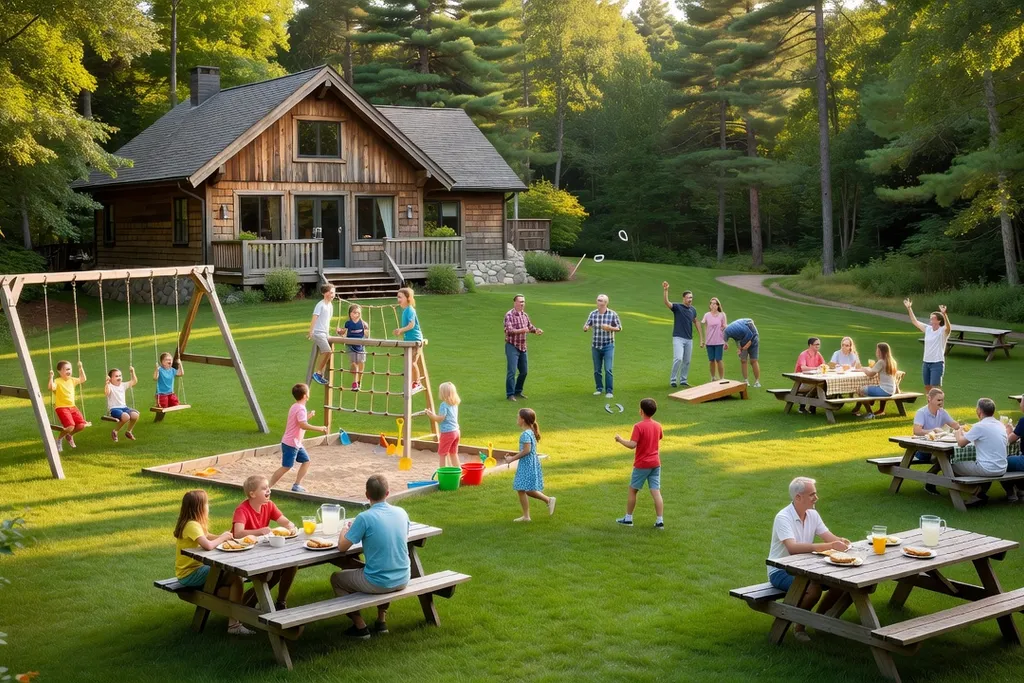 Terrain de jeux extérieur d’un chalet familial québécois avec espace pour enfants et adultes