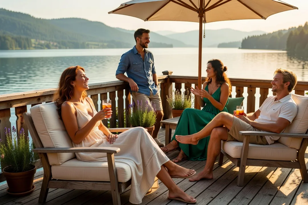 Femme se relaxant avec des amis sur une grande terrasse de chalet surplombant un lac