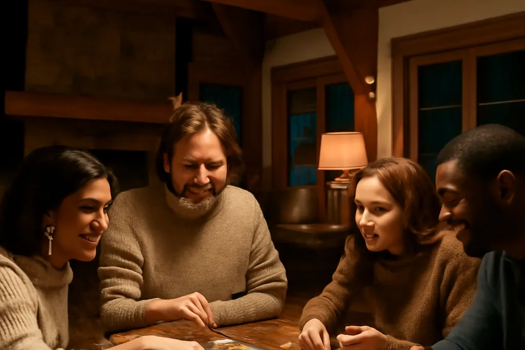 Groupe d'amis jouant à un jeu de société à une grande table dans un chalet rustique
