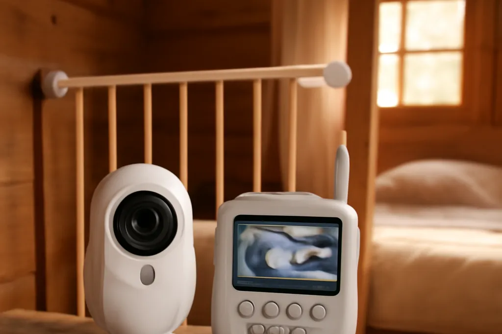 Moniteur pour bébé et barrière de sécurité portative installés dans une chambre de chalet en bois