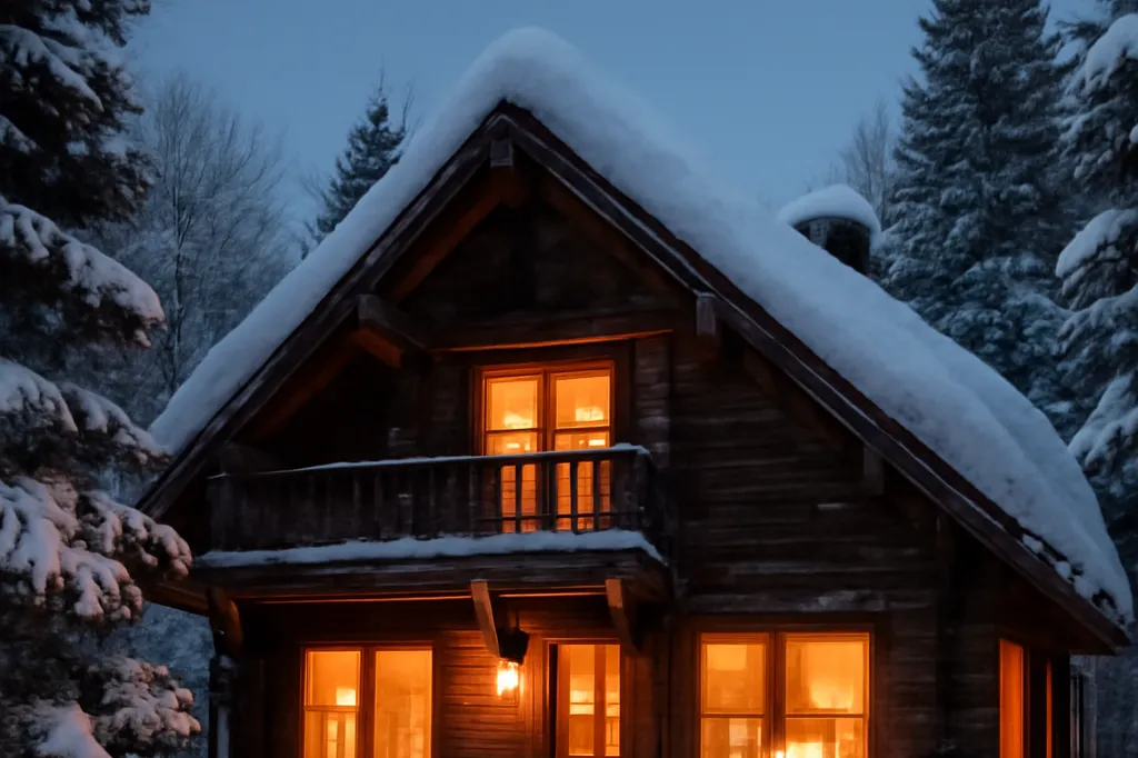 Extérieur enneigé d’un chalet québécois en hiver avec des lumières chaleureuses allumées