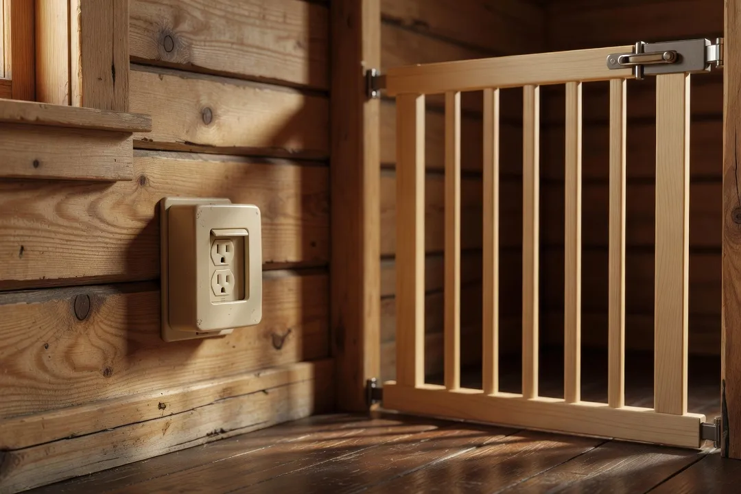 Cache-prise électrique et barrière de sécurité installés dans un chalet en bois