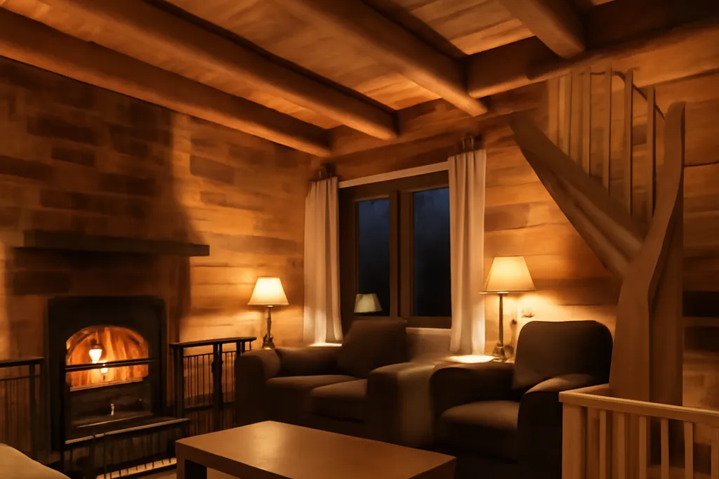Salon de chalet québécois avec foyer protégé par une barrière et escalier sécurisé
