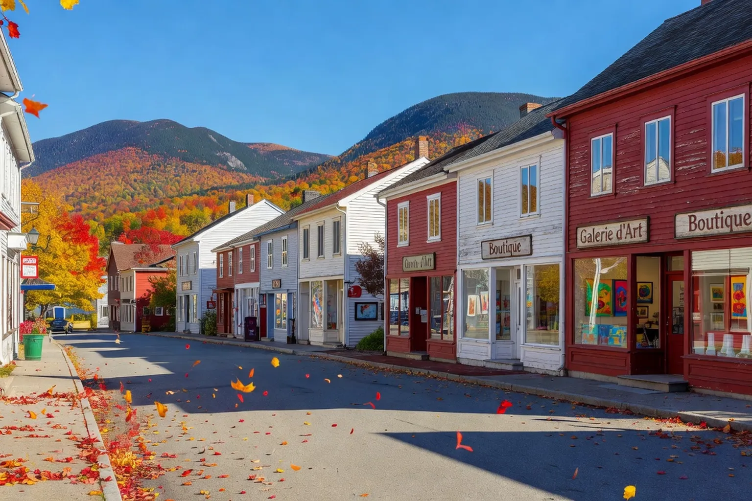 Baie-Saint-Paul en automne : rue principale colorée, galeries d’art, montagnes en arrière-plan