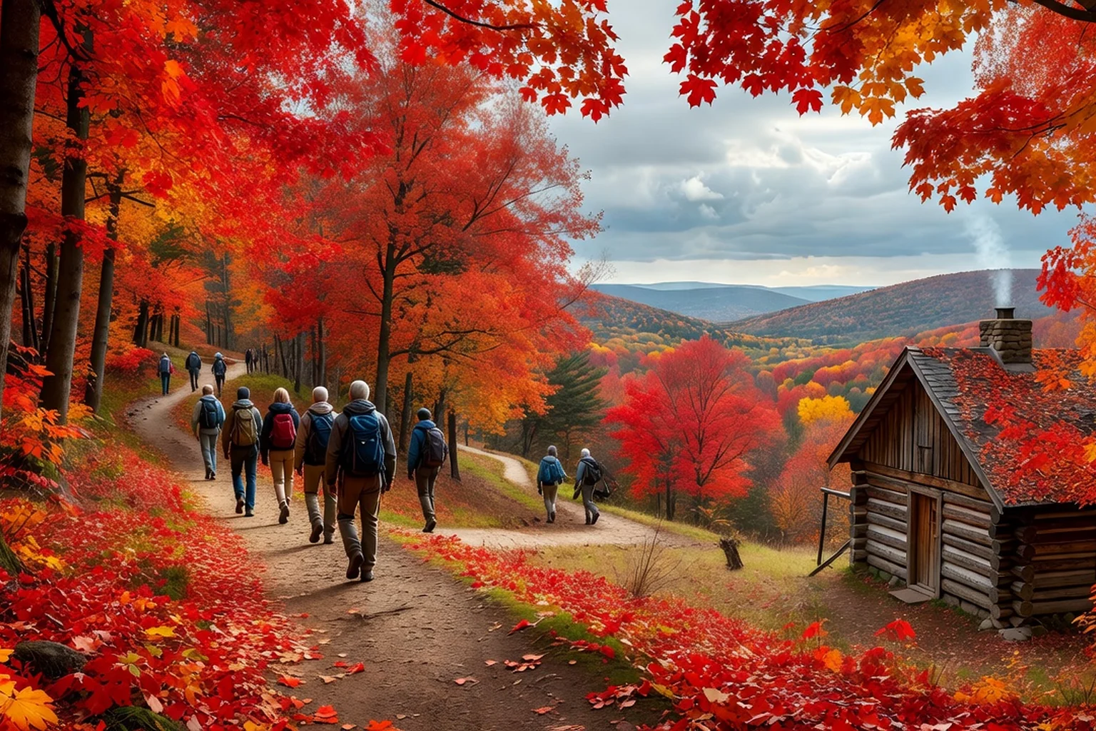 Hikers on a mountain trail through a forest of fiery maples in the Eastern Townships