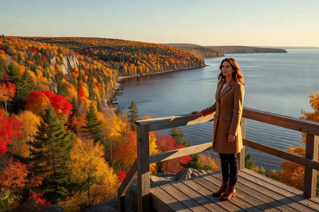Femme debout à un belvédère panoramique au-dessus du littoral de Charlevoix en automne