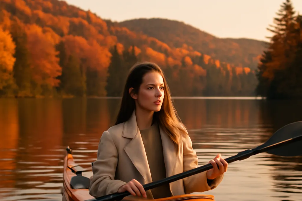 Femme faisant du kayak sur un lac calme des Laurentides entouré d’une forêt automnale