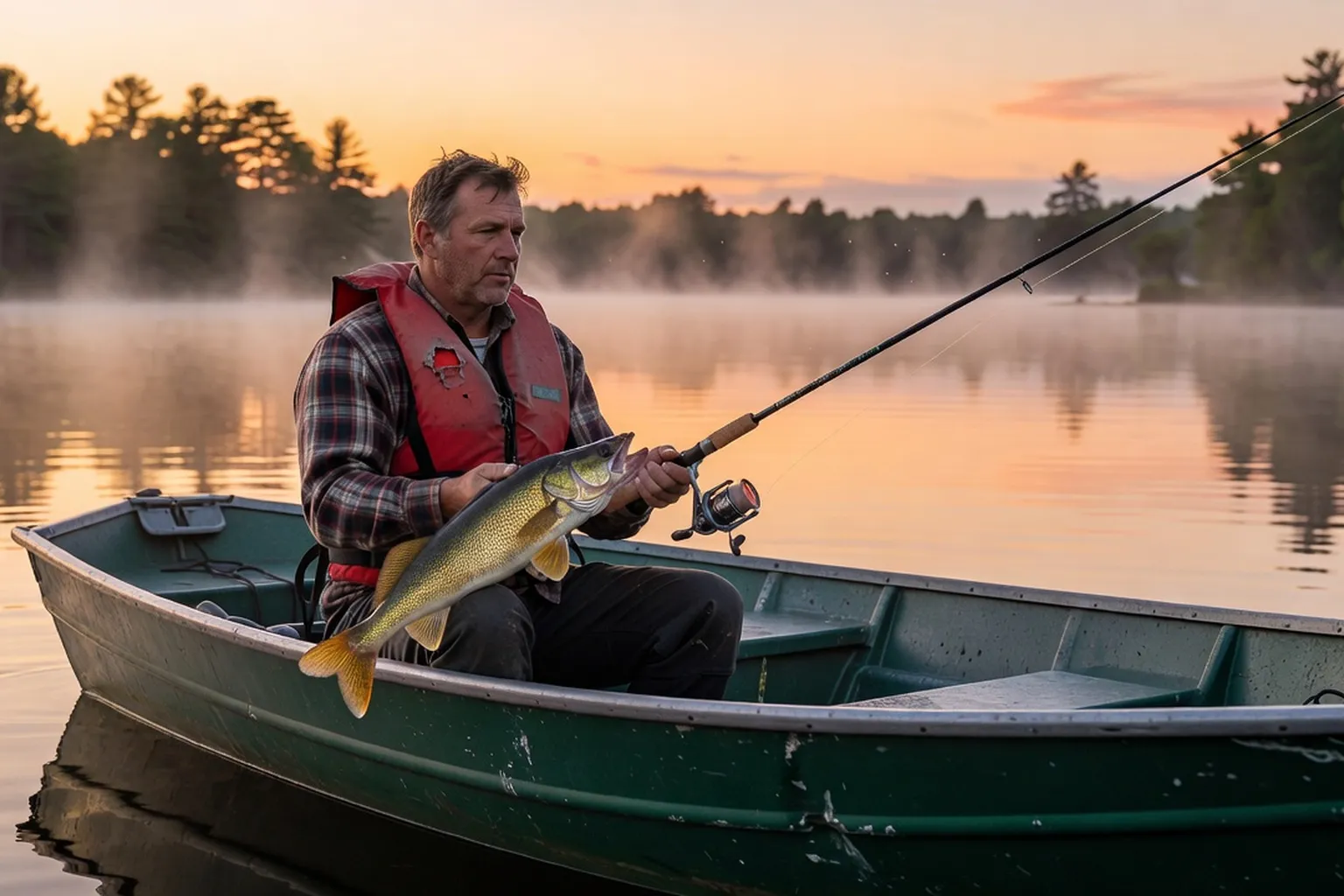Pêcheur québécois sur un lac de l’Outaouais : moulinet, canne à pêche, doublure en main, brume matinale