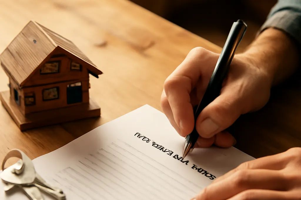 Des mains signant un contrat de location à côté d’une petite maquette de chalet et de clés
