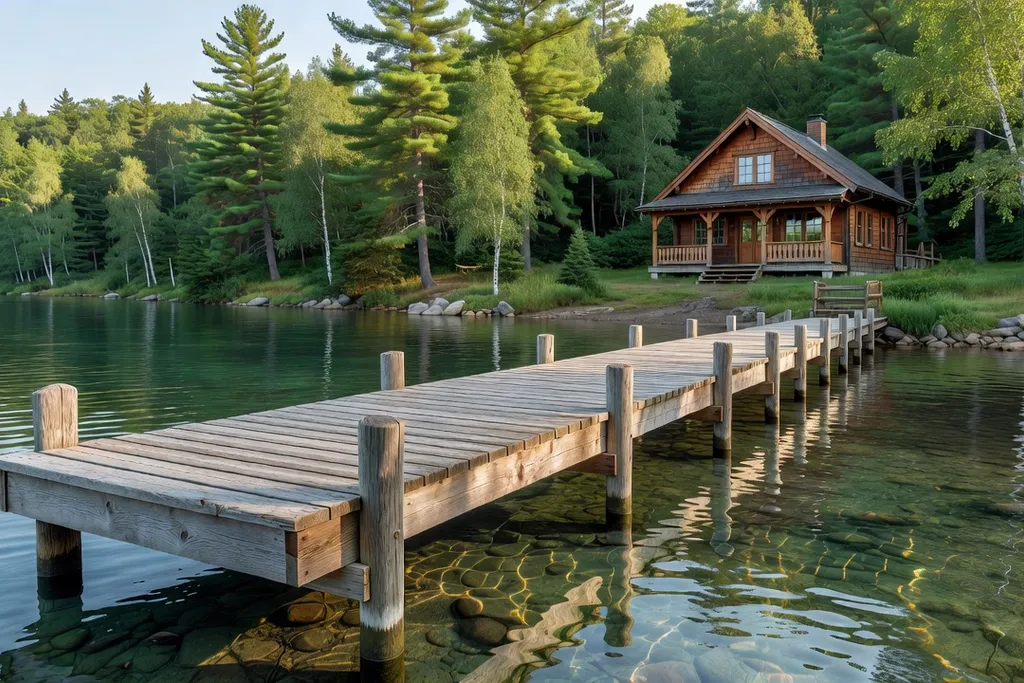 Quai en aluminium aménagé au bord d’un lac québécois devant un chalet