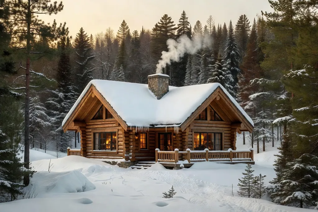 Chalet quebecois sous la neige en hiver