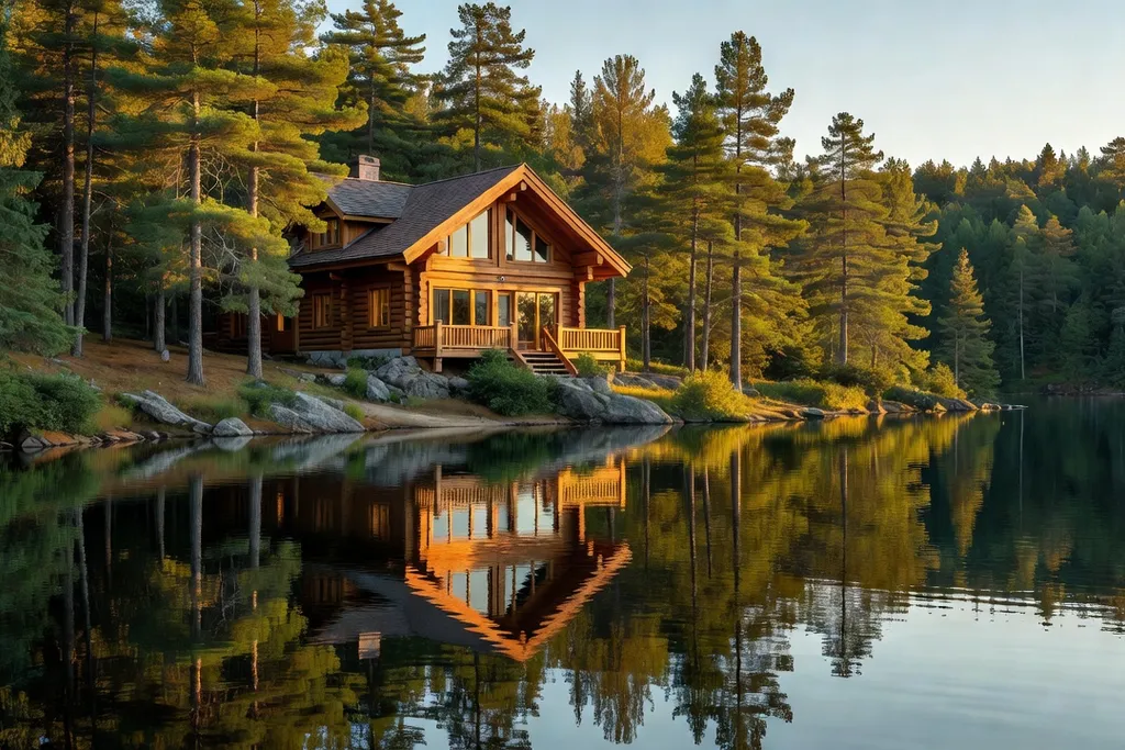 Chalet québécois en été au bord d’un lac