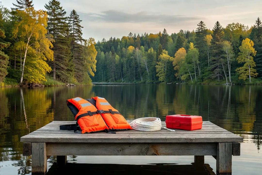 Gilets de sauvetage et équipement de sécurité aquatique rangés sur un quai en bois