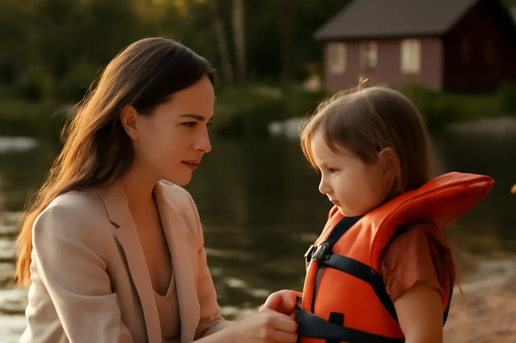 Monitrice montrant à un enfant comment porter correctement un gilet de sauvetage au bord d'un lac