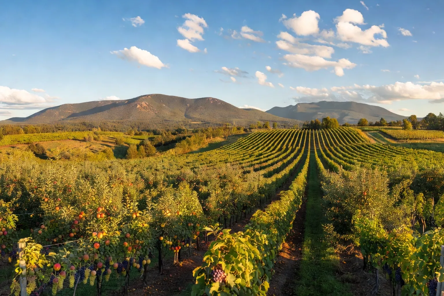 Domaine viticole et cidricole Sutton : rangées de pommiers, montagne Sutton, soleil de fin d’après-midi
