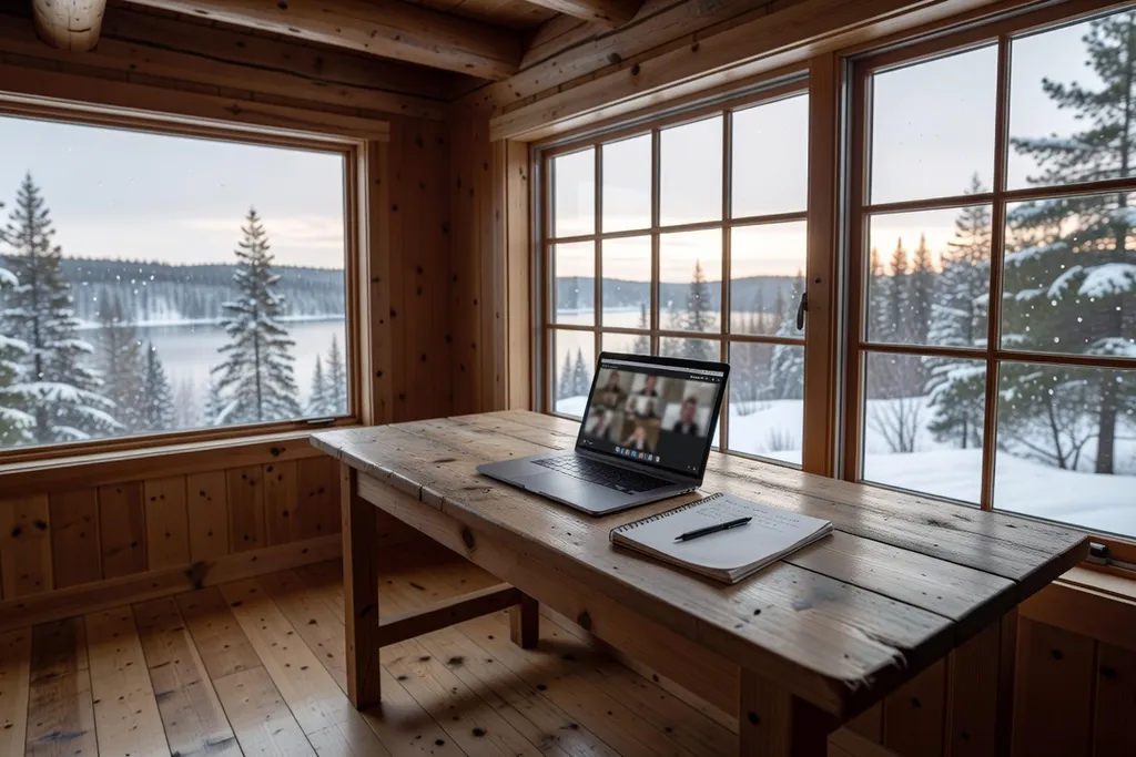Bureau de télétravail aménagé face à une fenêtre avec vue sur la nature dans un chalet québécois