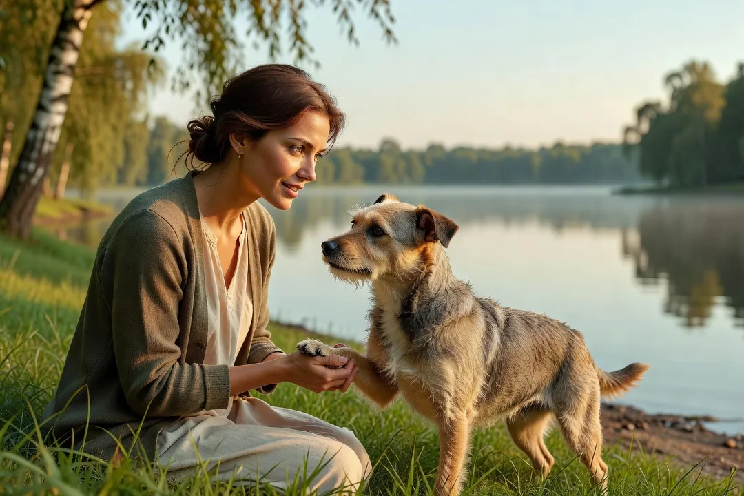 Vétérinaire examinant délicatement la patte d'un chien près d'un lac québécois