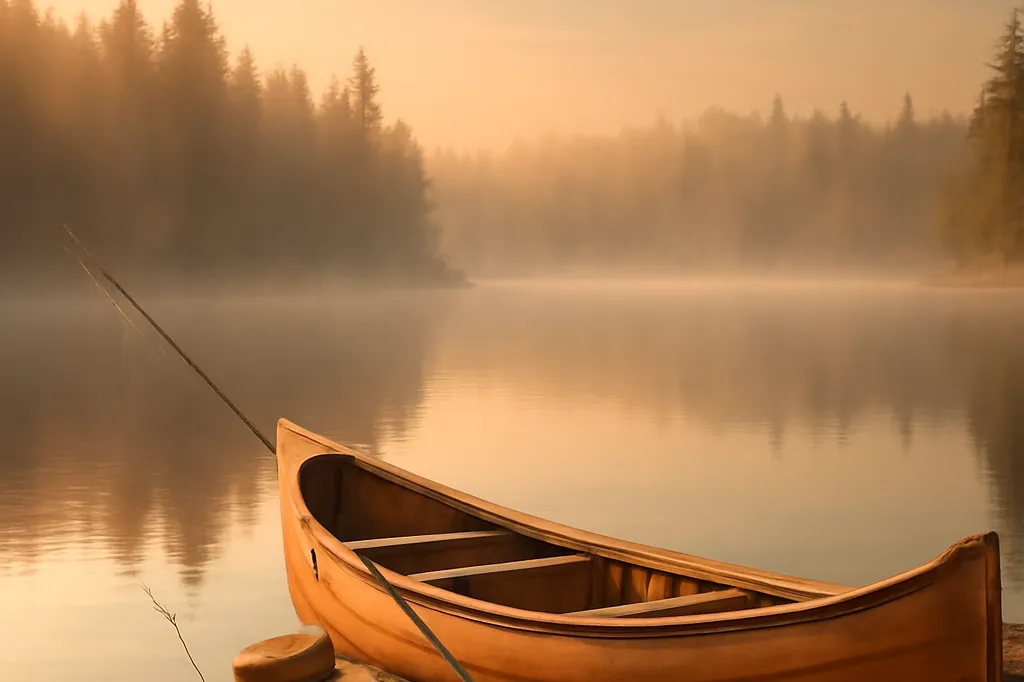 Canot et matériel de pêche sur la rive d’un lac québécois calme à l’heure dorée
