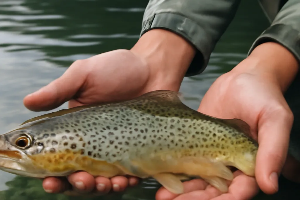 Truite remise à l’eau dans l’eau limpide d’un lac par les mains d’un pêcheur
