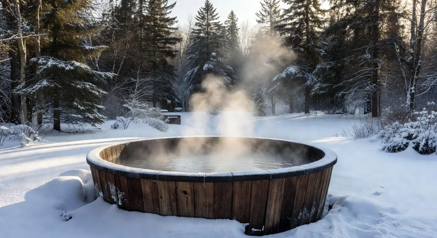 Bain nordique en bois dans un jardin enneigé au Québec avec vapeur et forêt de sapins en arrière-plan