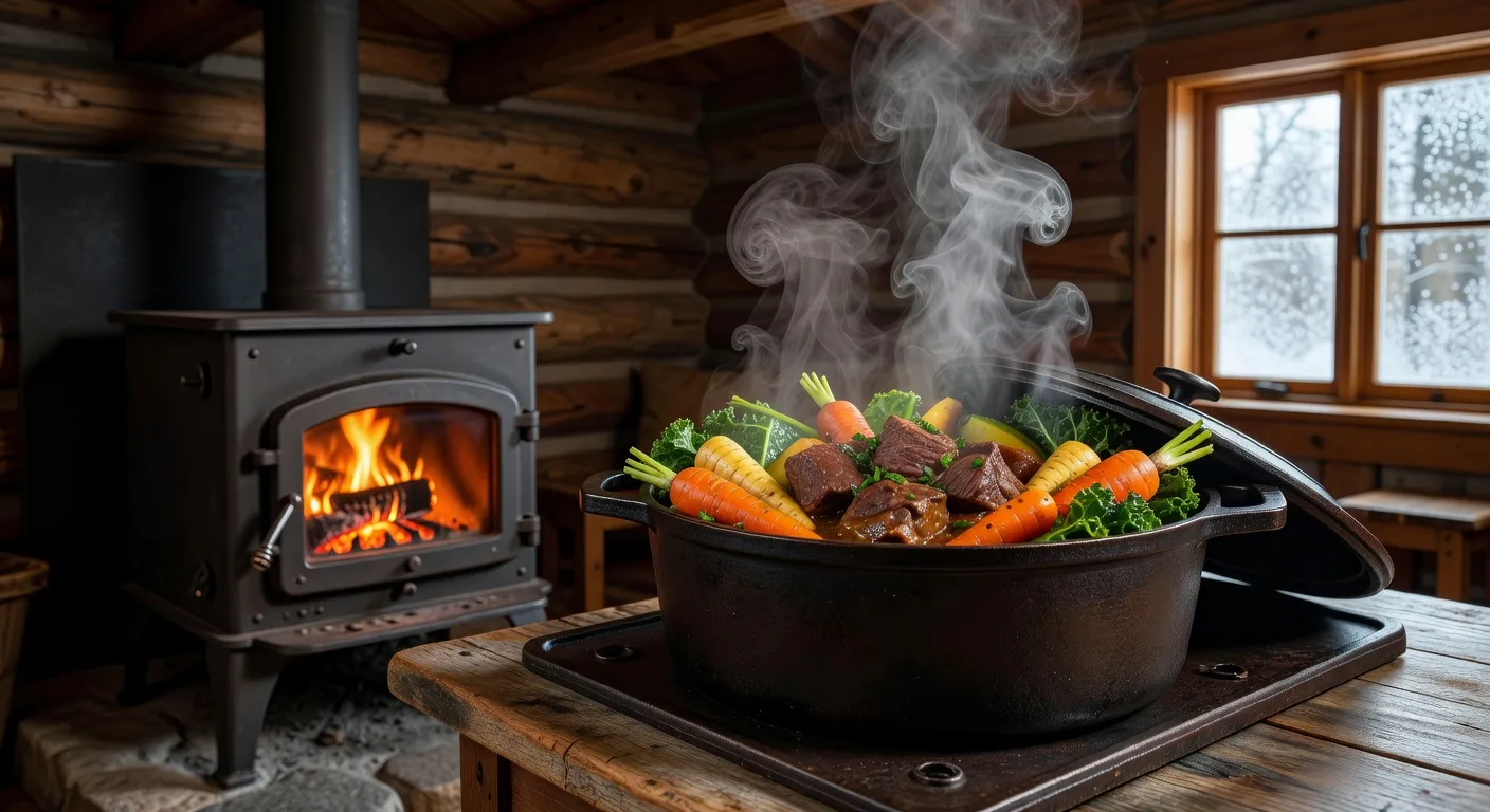 Cocotte en fonte avec braisé de chevreuil et légumes du jardin dans un poêle à bois de chalet québécois