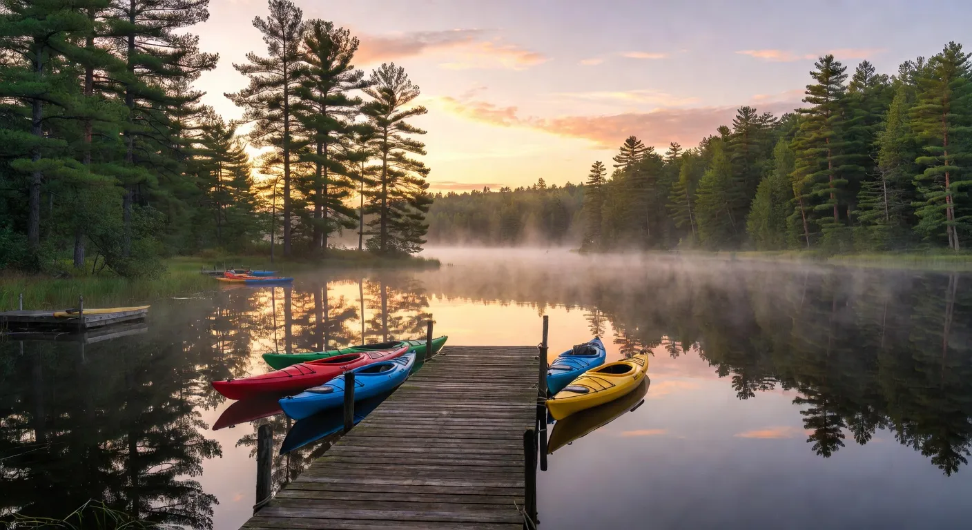 Quai en bois sur un lac québécois au lever du soleil