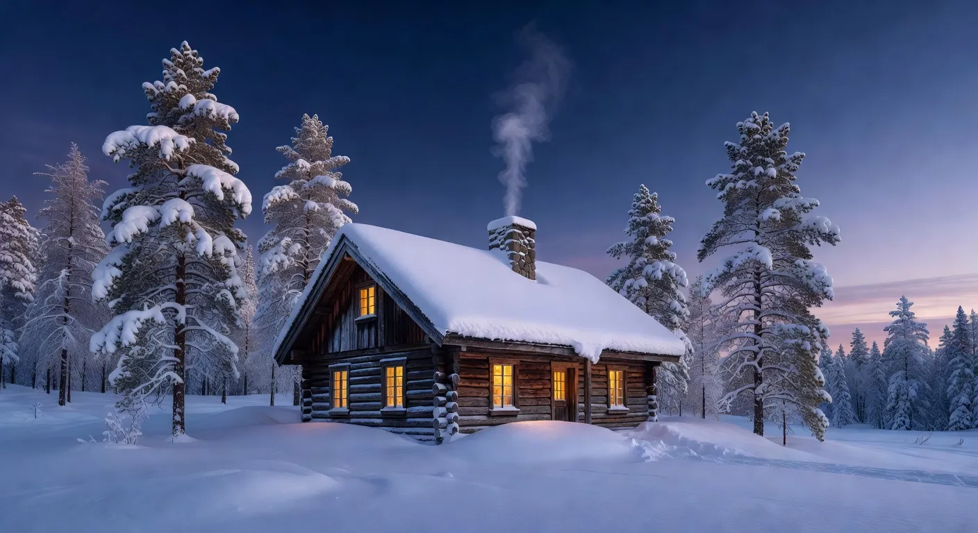 Chalet québécois en bois sous la neige au crépuscule avec cheminée fumante