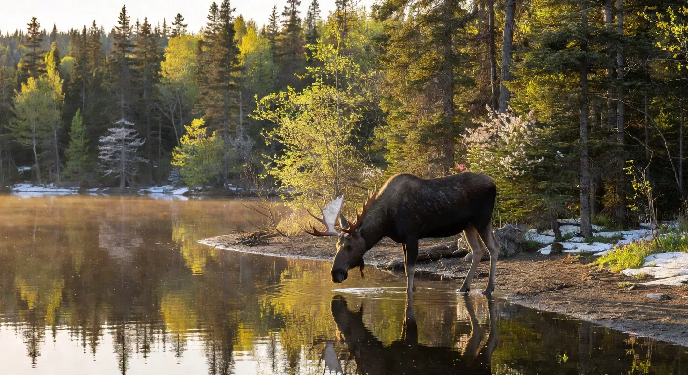 Orignal au bord d'un lac québécois au printemps avec forêt en fond et lumière dorée du matin