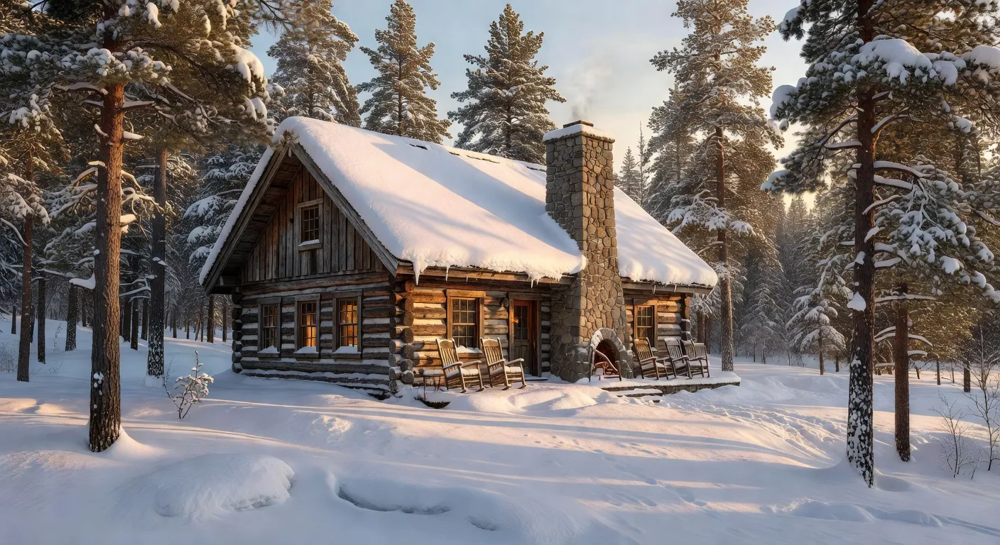 Chalet québécois traditionnel en bois avec cheminée en pierre dans la neige