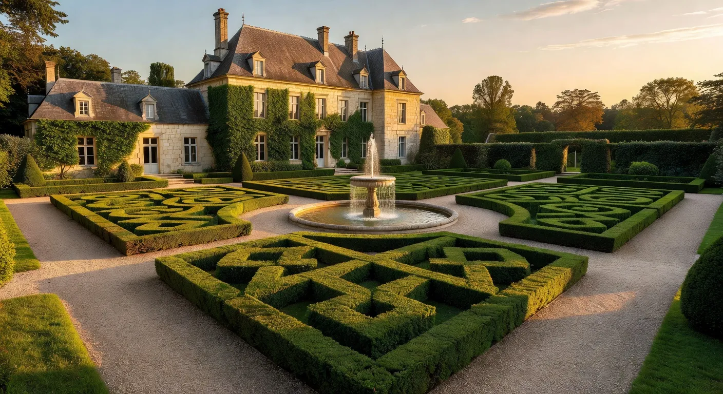 Manoir français en pierre avec jardins à la française et fontaine centrale