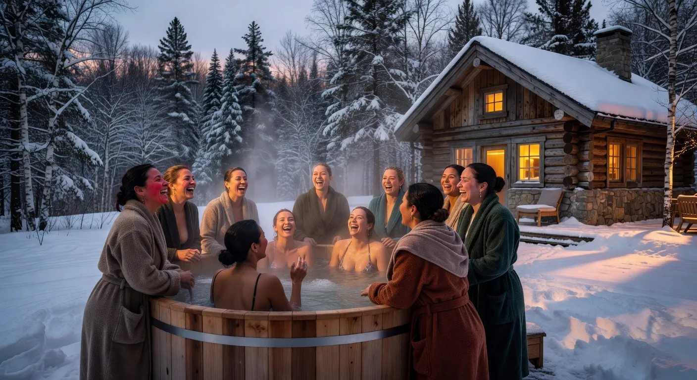 Groupe de femmes souriant dans un bain nordique extérieur de chalet québécois, vapeur montant sur fond de forêt enneigée, ambiance festive et détendue