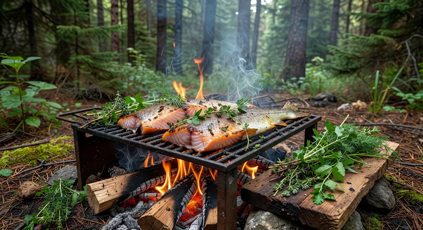 Filets de truite fraîche du lac sur une grille au-dessus d'un feu de camp québécois, fumée légère, herbes fraîches