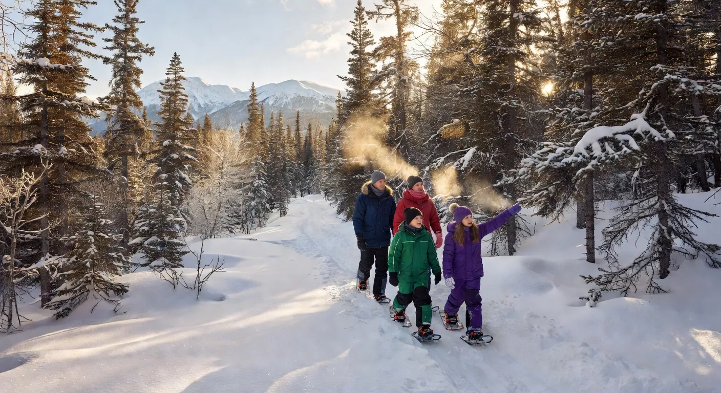 Famille en raquettes dans une forêt enneigée des Laurentides au Québec en hiver