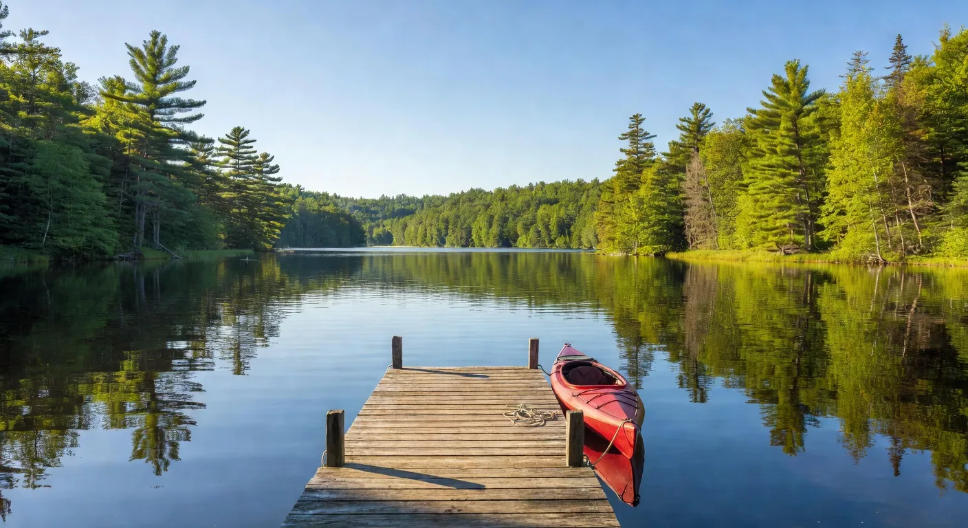 Lac calme des Laurentides en été avec quai en bois, kayak, forêt verte et ciel bleu