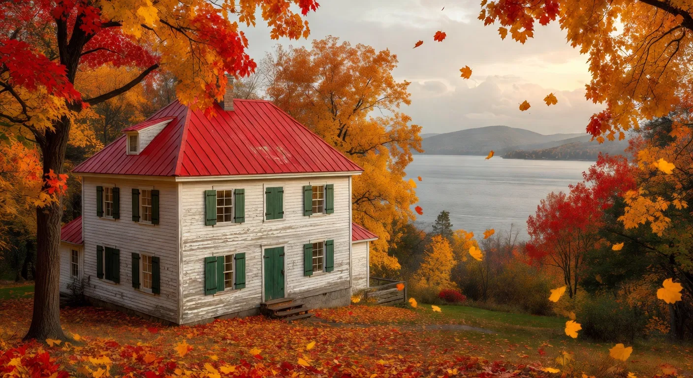 Manoir seigneurial québécois en bois blanc avec toit rouge à Charlevoix