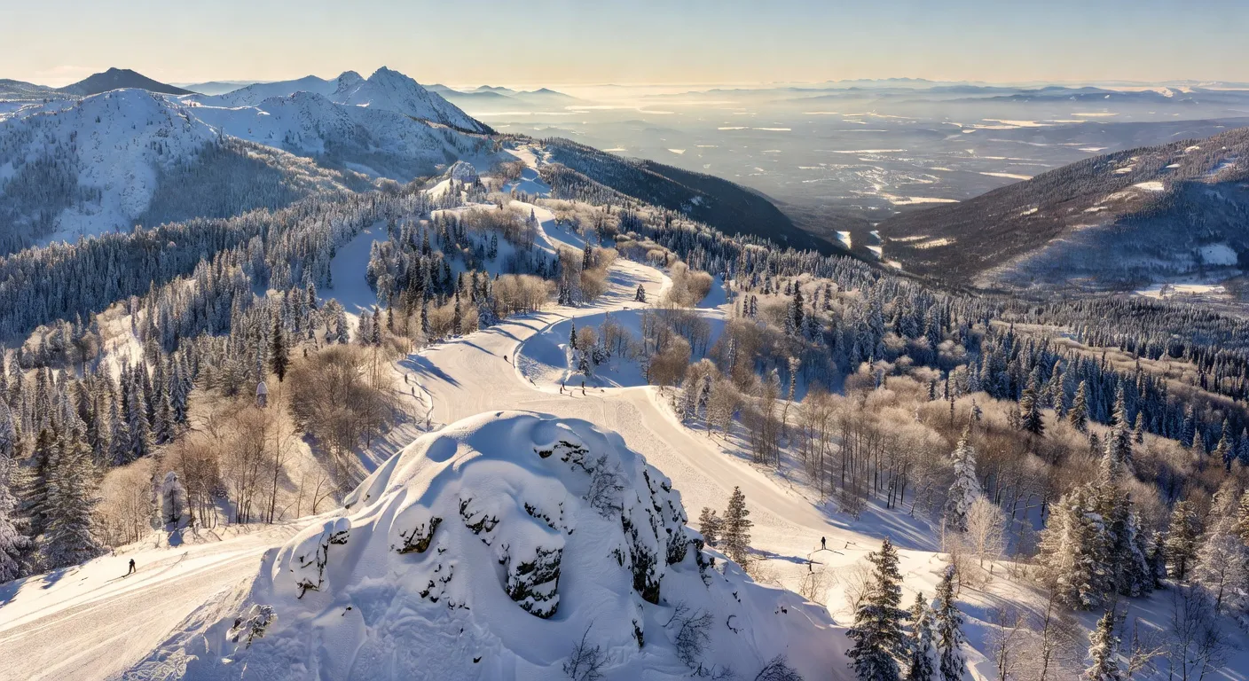 Vue panoramique depuis le sommet de Mont-Sutton en hiver, pistes de ski visibles, forêt mixte de l'Estrie enneigée, vallée au loin, lumière hivernale québécoise