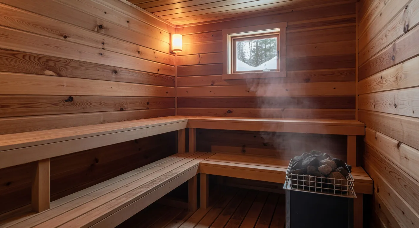 Intérieur d'un sauna en bois de cèdre dans un chalet québécois avec bancs en bois, pierres chaudes et lumière chaude