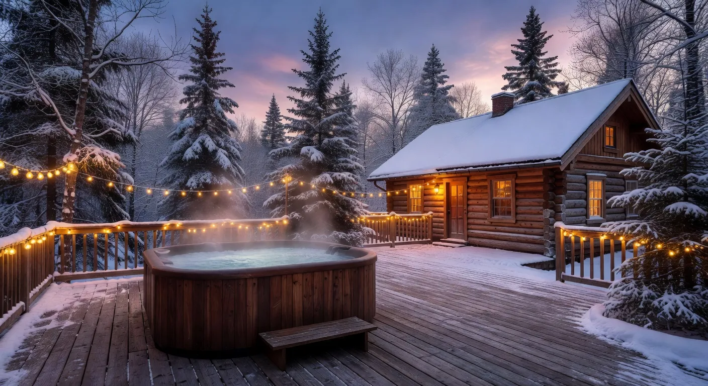 Couple profitant d'un bain chaud extérieur devant un paysage enneigé